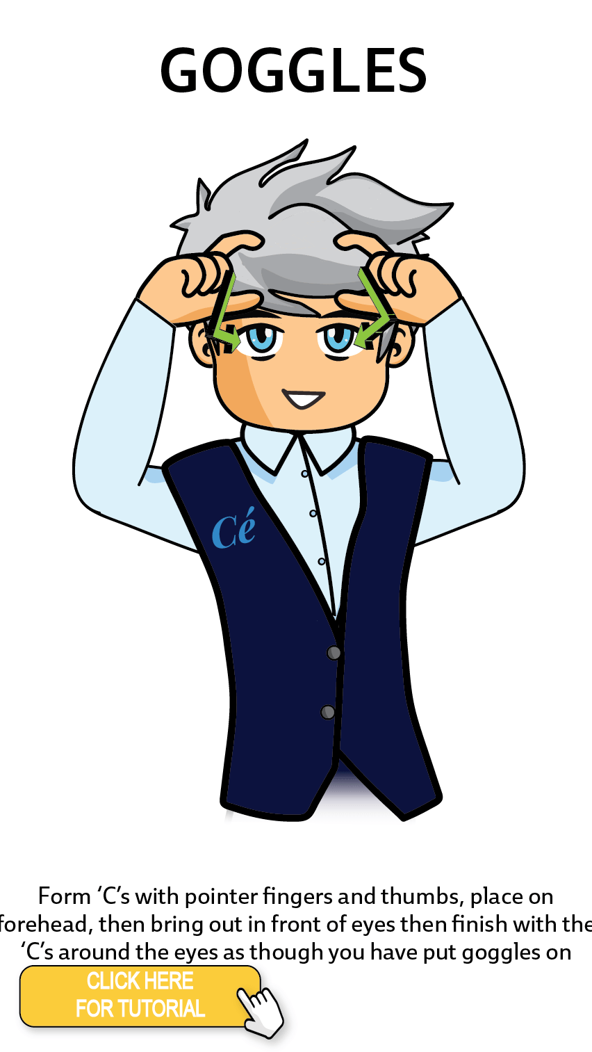 The Cérge character performing sign language for the word Goggles. The Keyword Sign instructions are: Form 'C's with pointer fingers and thumbs, place on forehead, then bring out in front of eyes then finish with the 'C's around the eyes as though you have put goggles on.